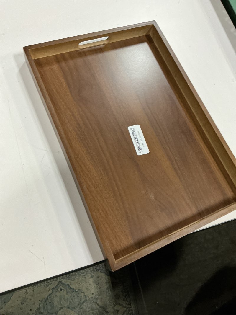 Condition photo showing Good Condition for 2 pcs 17 inch acacia wood serving trays with handles, large wooden tray platter for ottoman, breakfast in bed, coffee table, decorative rectangular tray for living room bedroom kitchen