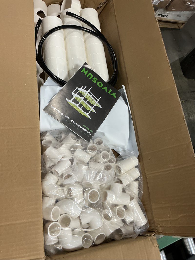 Condition photo showing New/Like New for vivosun hydroponics growing system 108 plant sites, 3 layers 12 food-grade pvc-u pipes gardening system grow kit with water pump timer, nest basket and sponge for leafy vegetables