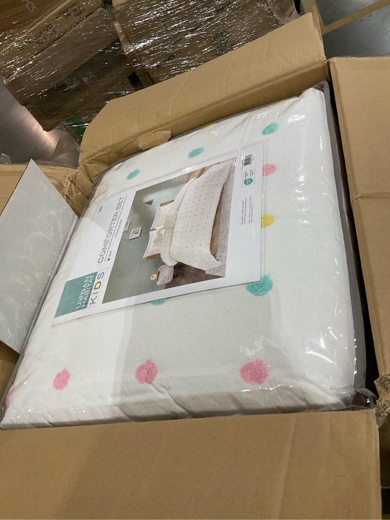 Condition photo showing Good Condition for Callie Cotton Jacquard Weave Colorful Pom Pom Kids Comforter sets, Down Alternative Shabby Chic All Season Girls Bedding, Bedroom Decor, Twin/Twin XL, Ivory 4 Piece