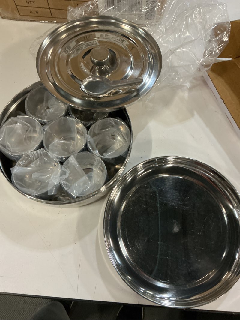 Condition photo showing New/Like New for ksjone double lid spice container masala dabba with 7 compartments and 7 spoons, masala box, spice container box, stainless steel condiment box indian with double lid, 7.3 inch