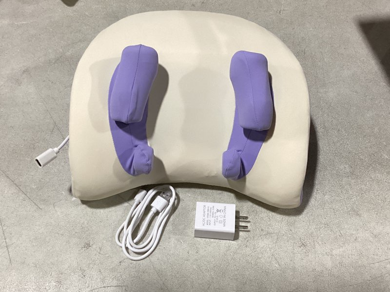 Condition photo showing As Is for shoulder and neck heating massage pillow, electric neck massager with heat, 3 modes & adjustable strength, deep tissue cervical massager for neck shoulder pain relief, white purple