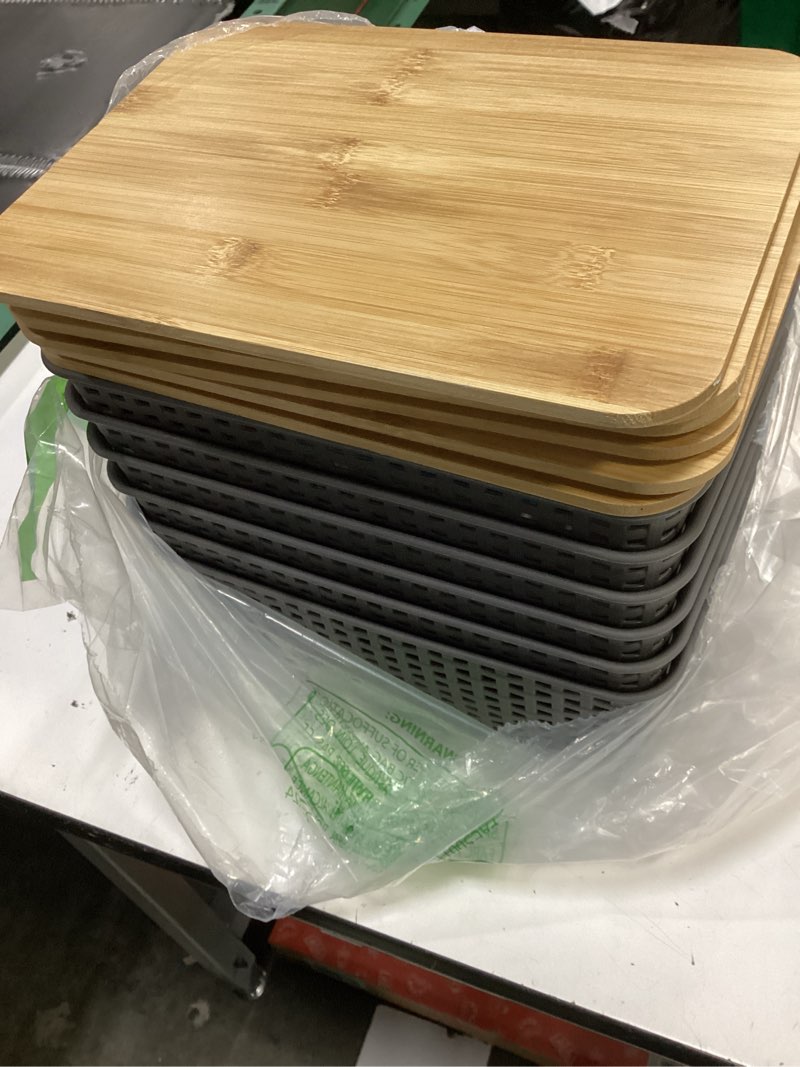Condition photo showing Good Condition for plastic storage baskets with bamboo lid - plastic storage containers stackable storage bins: storage baskets for organizing shelves drawers desktop closet playroom classroom office, 6 pack, gray