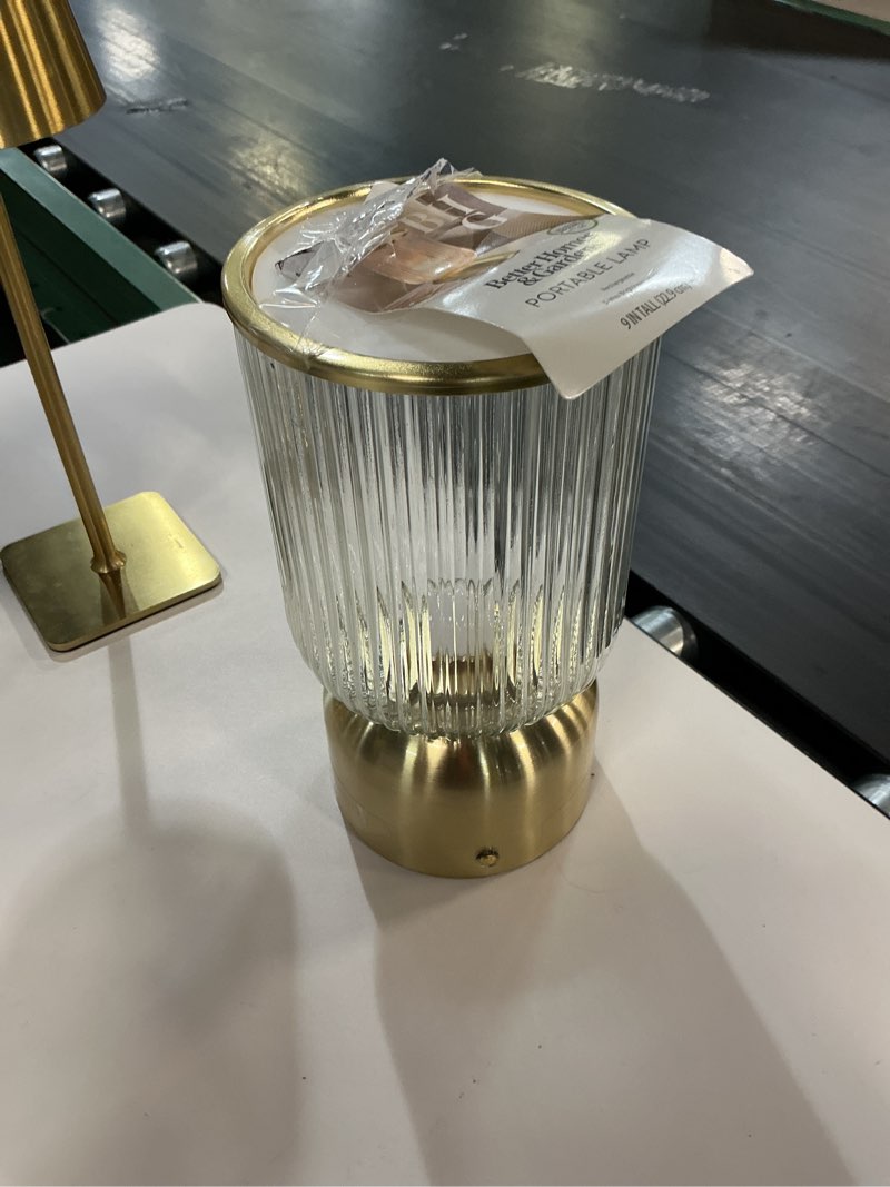 Condition photo showing As Is for better homes & gardens 9 inch height glass uplight, touch switch, usb-c charging cable included
