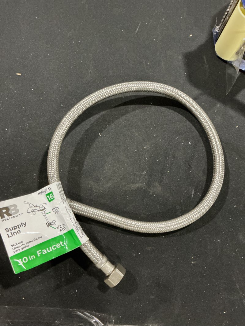 Condition photo showing As Is for (Quantity 1) Midanya Faucet Supply Lines,24\" Stainless Steel Braided Water Supply Line, 1/2\" FIP x 3/8\" COMP Faucet Hose, Faucet Hose Connector x 2 Pcs (1 Pair) 1/2\" FIP x 3/8\" COMP 24 Inch