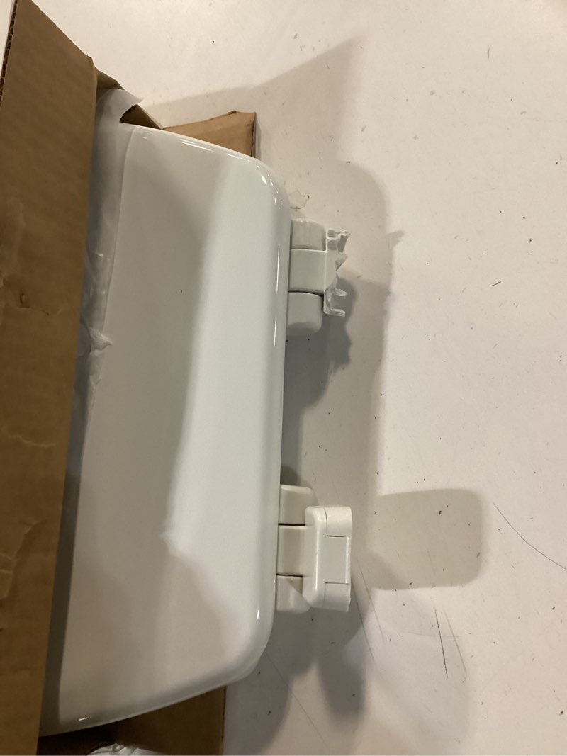 Condition photo showing As Is for Mayfair Linden Slow Close Toilet Seat, Non Slip Heavy Duty Wood, Easy Install, Round, White Round Traditional Hinge