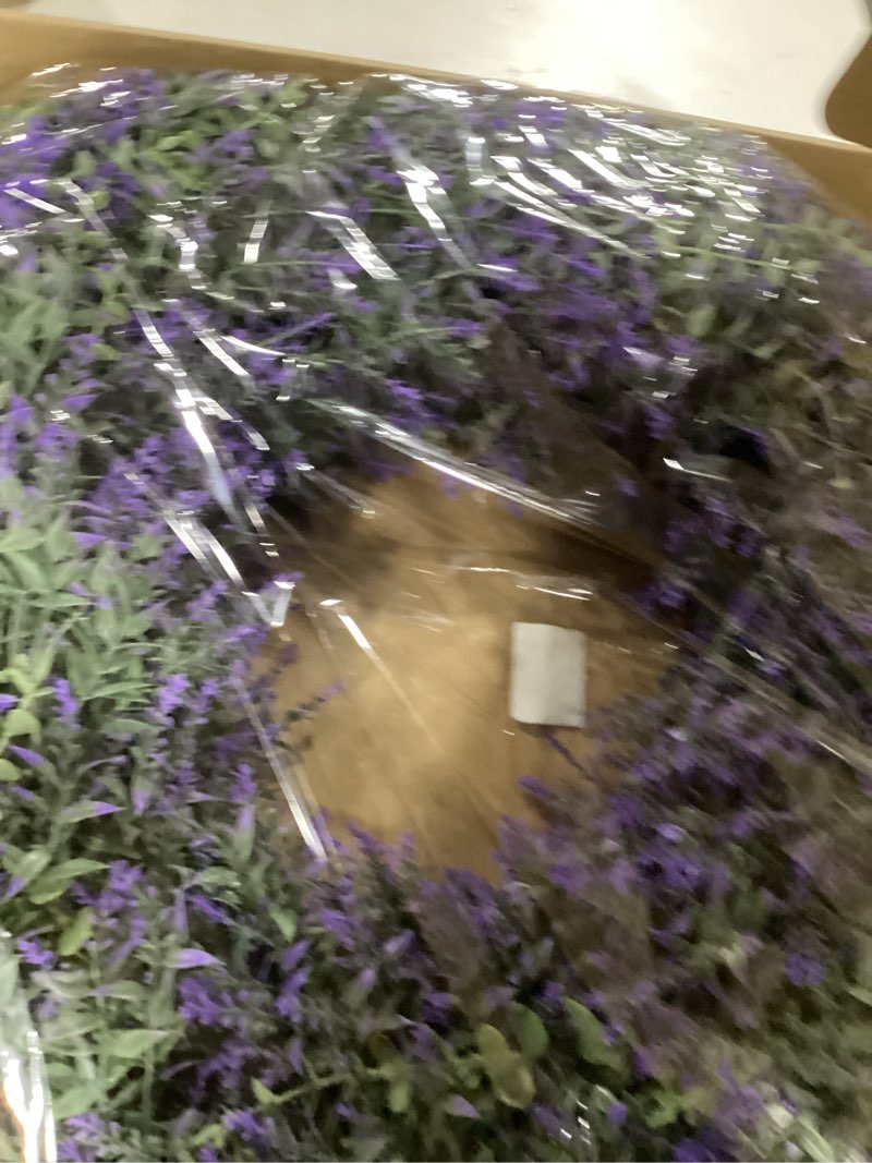 Condition photo showing As Is for 32" Lavender & Eucalyptus Wreath for Front Door, Porch, Window - Large Artificial Greenery Outdoor Wreath for Home, Farmhouse Decor - Spring, Summer, Fall, All Seasons (Purple)