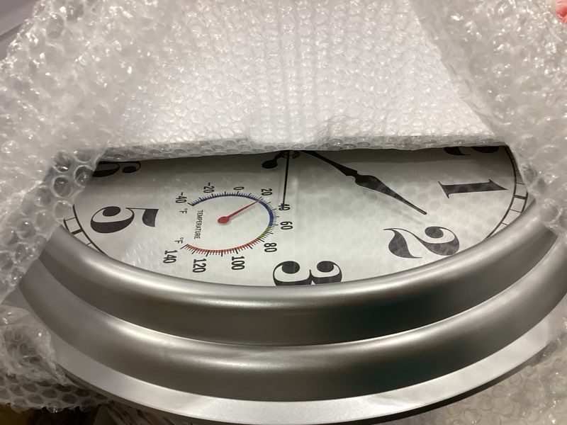 Condition photo showing Good Condition for jenlystime 16 inch silver vintage waterproof indoor/outdoor wall clock with thermometer & hygrometer, large numerals & silent sweep movement - ideal for porch, garden, pool 16''ht silver