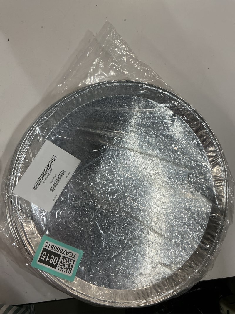 Condition photo showing Good Condition for 15 pack serving platters 12”, disposable aluminium foil serving trays for parties, silver embossed foil serving dishes/plates for vegetable, fruit, slices of cake, cookies 12 inch