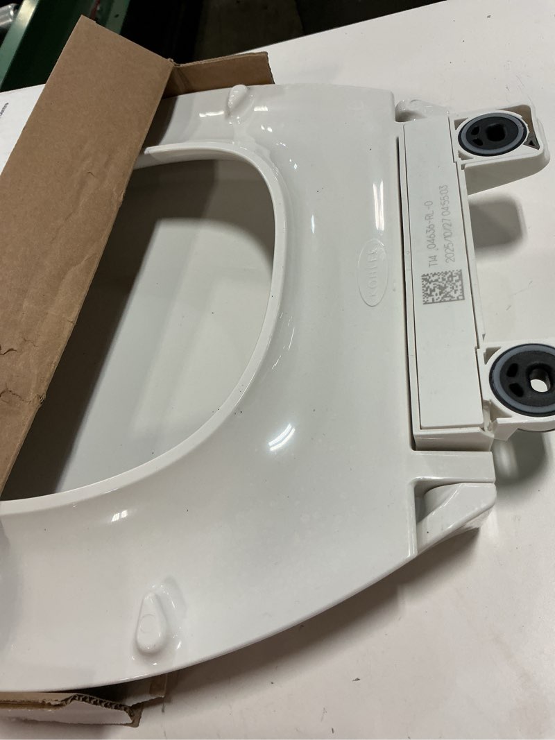 Condition photo showing As Is for KOHLER 4636-RL-0 Cachet ReadyLatch Elongated Toilet Seat Slow Close, Soft Close Toilet Seat Quiet Lid, Contoured Grip-Tight Bumpers Installation Hardware, Apartment Essentials, White White Elongated Ready Latch
