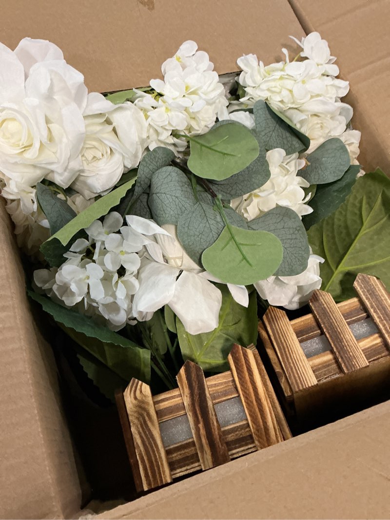 Condition photo showing Good Condition for 11.8’’ tall free standing artificial flowers, 4pcs, dusty blue | artificial flowers arrangement with basket, rose hydrangea decorations for wedding archway aisle welcome entrance table