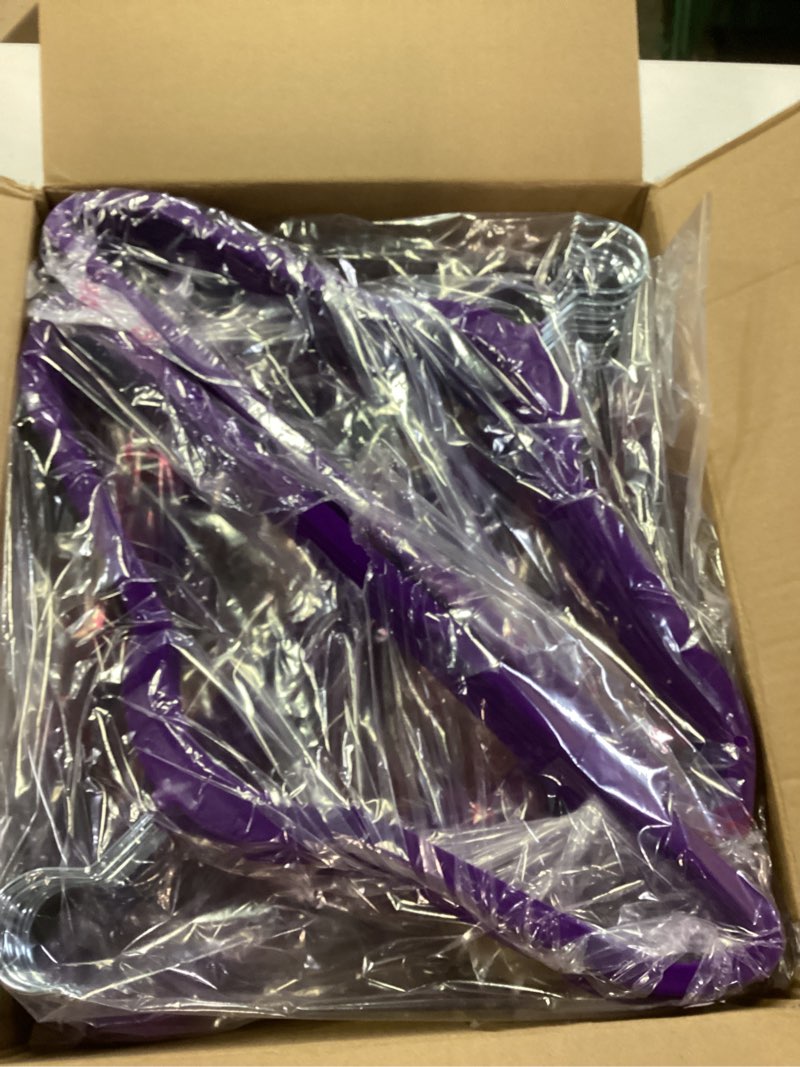 Condition photo showing New/Like New for HOUSE DAY Premium Velvet Hangers 50 Pack, Non-Slip Flocked Felt Hangers, Sturdy Clothes Hanger with 360° Rotatable Hook, Heavy Duty Durable Slim Coat Hanger for Closet Space Saving (Noble-Purple) 50 Pack Noble Purple/ Silver
