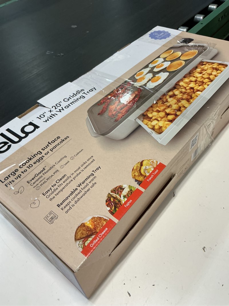 Condition photo showing New/Like New for bella 10" x 20" electric griddle with warming tray, evergood™ ceramic nonstick coating & removable temperature probe, dishwasher-safe drip tray & cool touch handles, 1500 watt, oatmilk 10" x 20" oatmilk + tray