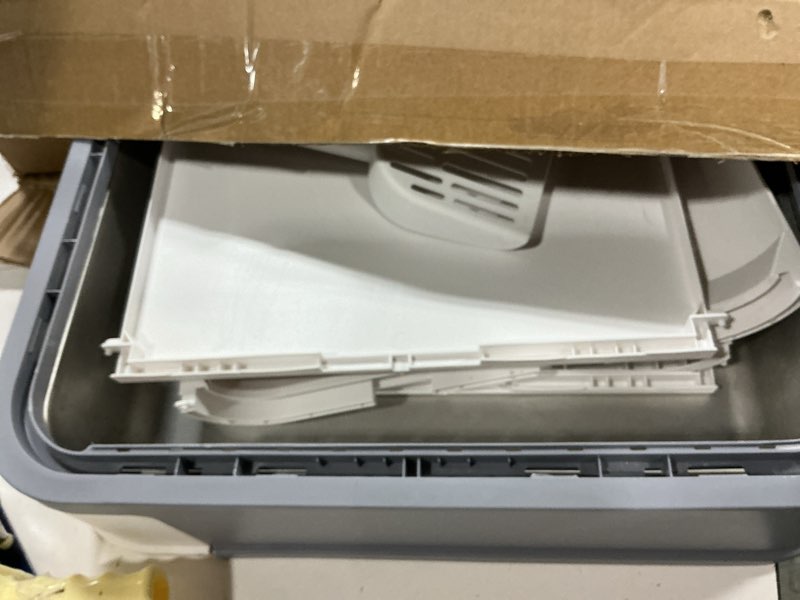 Condition photo showing As Is for rizzari stainless steel cat box: enclosed design with high walls - light gray - teflon non-stick coating - large anti leakage litter pan for odor control for living room garage large light gray