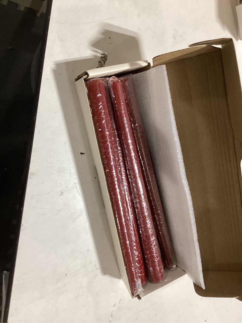 Condition photo showing Good Condition for 8 pack 10 inch burgundy smooth taper candle set, 7/8 inch unscented driples candlesticks for home decoration, 6-7 hours burn