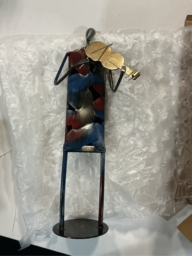 Condition photo showing New/Like New for modern metal musician sculpture, handmade colorful music player figurine, abstract iron art statue for home decor, office desk, bookshelf, living room decorations, gift for music lovers (violin)