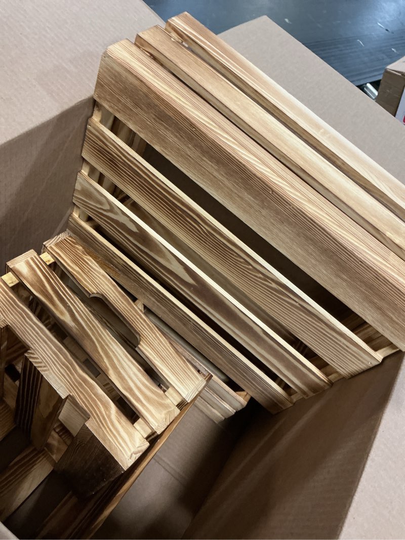 Condition photo showing Good Condition for set of 4 large torched wood decorative storage crates, nesting wooden crates for display rustic, farmhouse wooden storage container boxes made from 100% wood torched brown