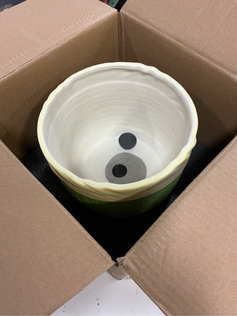 Condition photo showing Good Condition for ceramic pots for plants - 9.8 inch planter for indoor outdoor plants, ceramic planter with drainage hole and plug, boho decorative flower pot, home patio decor, plant lover gifts, green 9.8 inch green