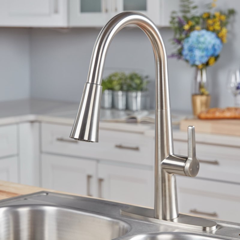 allen + roth bryton (stainless steel finish) 1-handle deck-mount pull-down handle kitchen faucet (deck plate included)