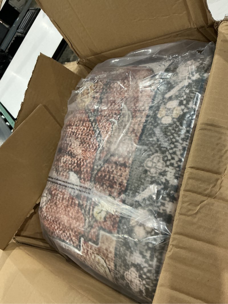 Condition photo showing Good Condition for releany area rugs 9'x12' washable non-slip, floral vintage distress print pattern medallion carpet for living room bedroom dining room, brick red rust neutral brown burnt orange green brick/brown/green 9' x 12' (rectangular)