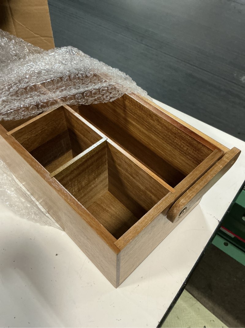 Condition photo showing Good Condition for acacia paper plate dispenser, paper plate holders with handle, picnic silverware caddy for party, cutlery holder for countertop, wood utensil organizer for home kitchen & rv