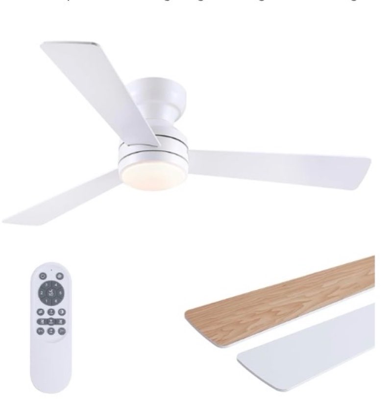 asyko ceiling fans with lights, 46\" low profile ceiling fan with light and remote, flush mount for bedroom, living room, 6 speeds, dimmable, timer, quiet reversible, white