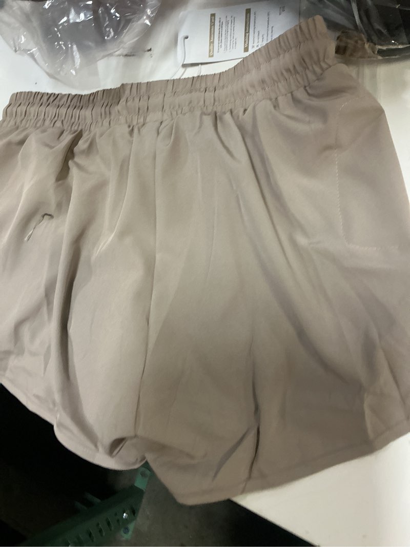 Condition photo showing Good Condition for mancreda women's running shorts with liner 3 zipper pockets elastic workout athletic gym yoga shorts medium khaki
