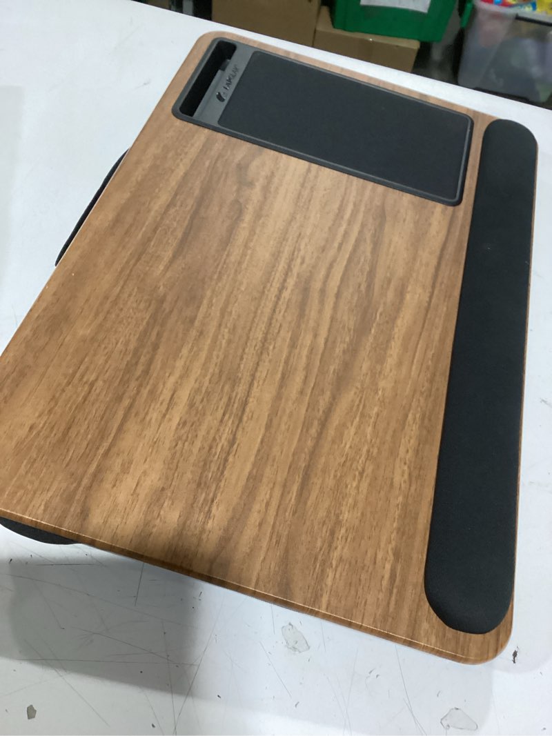 Condition photo showing New/Like New for lapgear home office pro lap desk with wrist rest, mouse pad, and phone holder - oakwood - fits up to 15.6 inch laptops - style no. 91599