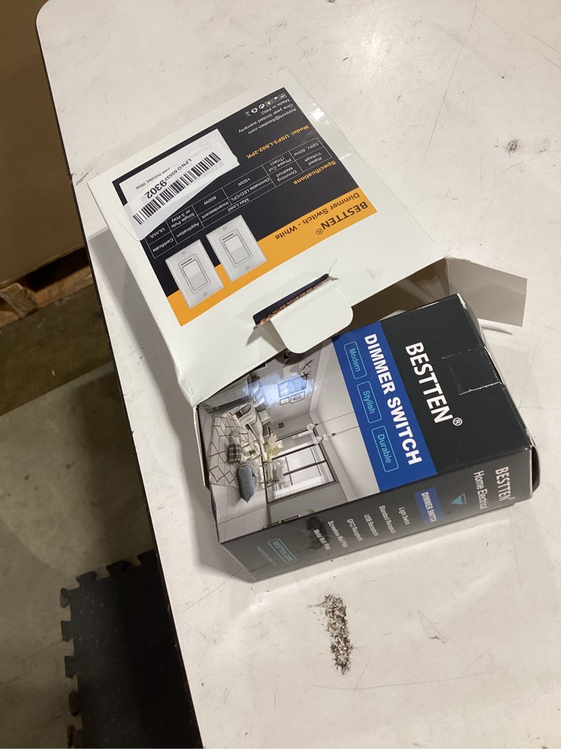 Condition photo showing As Is for bestten 2 pack dimmer light switch, universal lighting control, single pole or 3 way, compatible with led dimmable lamp, cfl, incandescent, halogen bulb, decorator wallplate included, ul listed, white standard white 2
