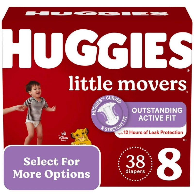 huggies little movers baby diapers, size 8 (46+ lbs), 38 ct (select for more