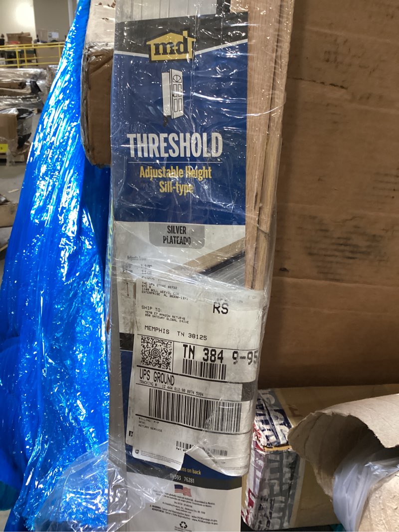Condition photo showing As Is for m-d building products 76281 4-9/16 in. x 1-1/8 in. x 73 in. silver adjustable aluminum & hardwood threshold