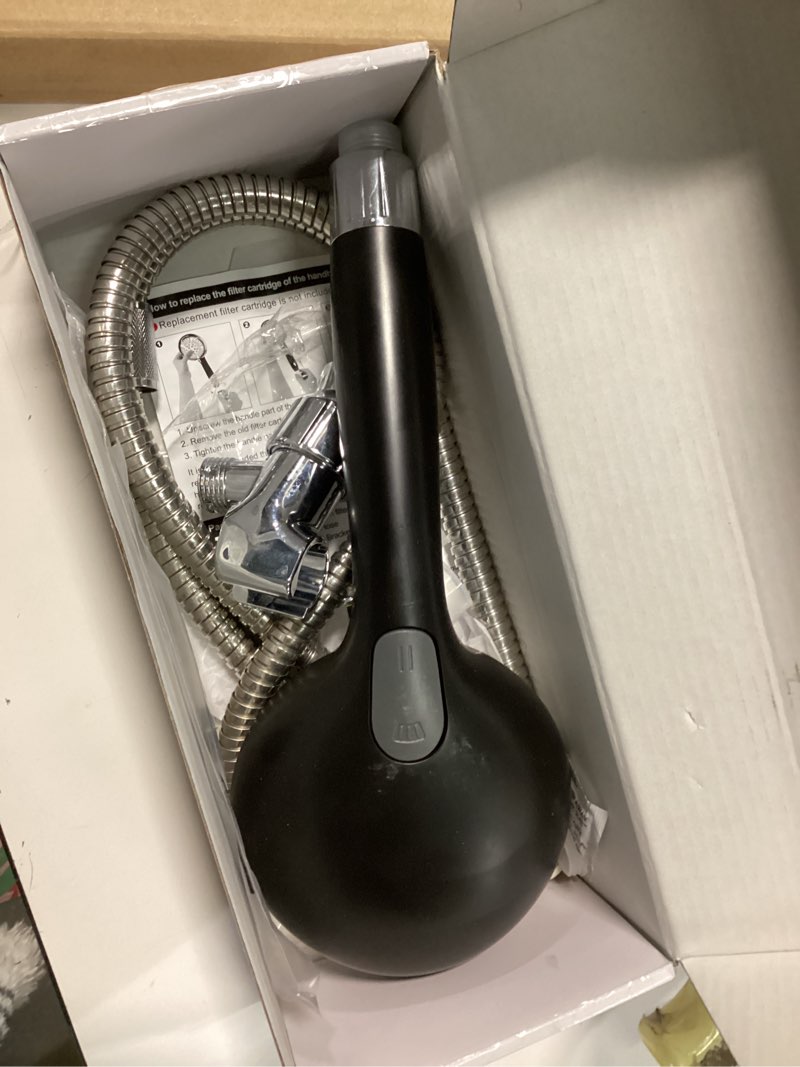Condition photo showing As Is for FEELSO Filtered Shower Head with Handheld, High Pressure 7-Spray Showerhead with Filters for Hard Water - Remove Chlorine, Reduce Dry Itchy Skin, Anti-clog Nozzles, Power Wash to Clean Tub, Tile & Pet Black & Chrome