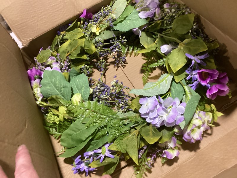 Condition photo showing New/Like New for briful spring wreaths for front door, 21.7'' artificial floral wreaths, purple all seasons wreath for home farmhouse mantle fireplace decor