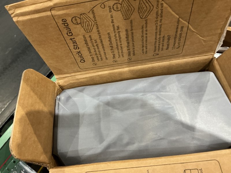 Condition photo showing As Is for queen air mattress with built-in pump-18 elevated, horizontal i-beam support 800 lbs, airtight pvc bonding, rapid 3-min inflation blow up mattress with carry bag for home guests camping