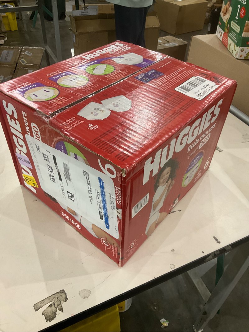 Condition photo showing New/Like New for huggies size 6 baby diapers, little movers huggfit 360° baby diapers with 360° waistband, size 6 (35+ lbs), 48 count, packaging may vary size 6 48
