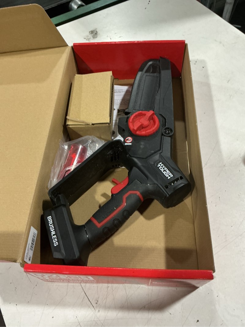 Condition photo showing As Is for hyper tough 6" 20v brushless cordless pruner saw with 20v max 2.0ah battery and charging cable