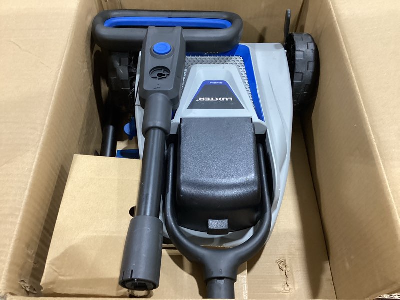 Condition photo showing As Is for luxter 9 inch cordless lawn mower 6000rpm brushless motor 3 adjustable cutting heights (1.5"-2.3") electric grass trimmer 20v 4.0ah battery & charger mini lawn mower for garden yard work and lawn care