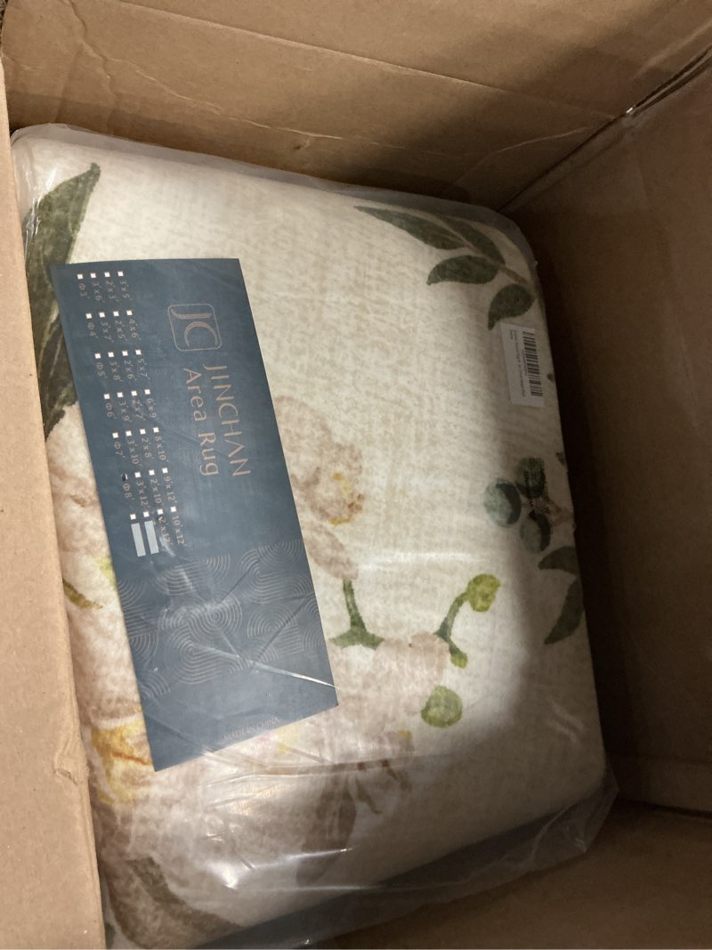 Condition photo showing New/Like New for jinchan Floraison 8Ft Circle Rug Floral Washable Carpet Non Slip Indoor Netural Flower Large Area Rug Round Low Pile Soft Carpet for Living Room Bedroom Dining Room Beige/Blue 8' (Round) Floral Beige/Blue