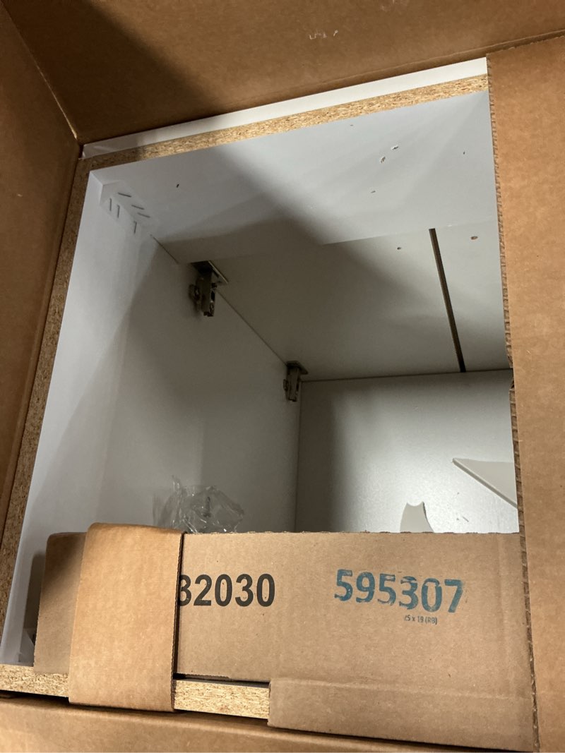 Condition photo showing As Is for project source 24-in white single sink bathroom vanity with white cultured marble top