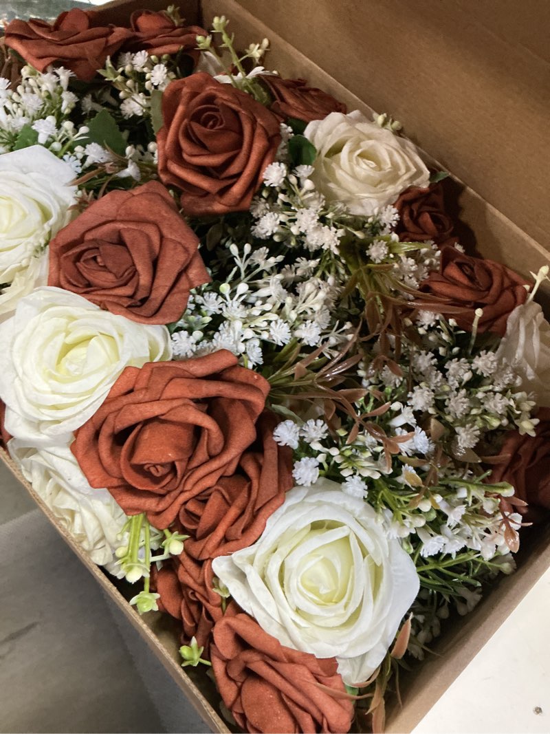 Condition photo showing New/Like New for artificial bridesmaid bouquets set of 6 - wedding bouquet burnt orange rose white babys breath 7 inch flower bride bouquet for wedding bridal shower centerpiece ceremony anniversary decorations orange & white set of 6 bridesmaid bouquets