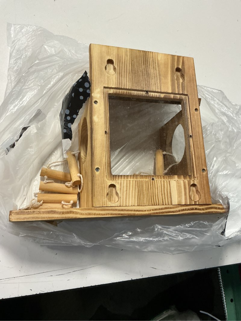 Condition photo showing As Is for enhon wood squirrel feeder for outside, window squirrel feeder with transparent viewing, ladders & removable front panel, funny durable carbonized wooden feeding picnic table for chipmunk peanut corn