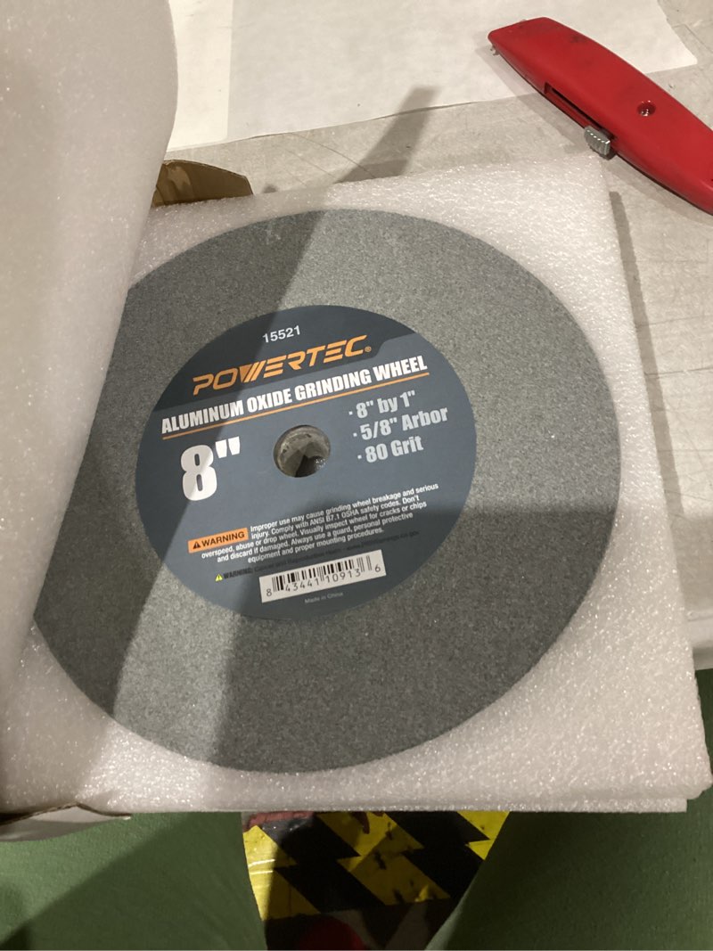 Condition photo showing New/Like New for POWERTEC Bench Grinder Wheel 8 Inch 80 Grit, Aluminum Oxide Grinding Wheel for Bench Pedestal Grinder, 1" Thick 5/8" Arbor, Sharpening & Shaping Drill Bits, Blade, and Chisel 1PK (15521) Grinding Wheels, 8" 80 Grit, 1PK