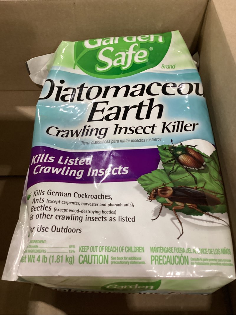 Condition photo showing New/Like New for garden safe brand crawling insect killer containing diatomaceous earth, 4 pounds, kills cockroaches, ants and other listed crawling insects by contact, for use indoors & outdoors 1 pack