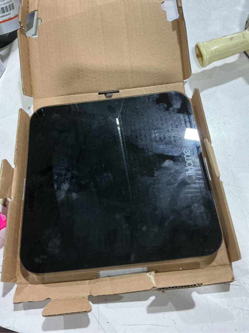 Condition photo showing As Is for ihome digital battery powered bathroom scale with fit+ personal coach app, fsa and hsa eligible, black, 397 lbs capacity