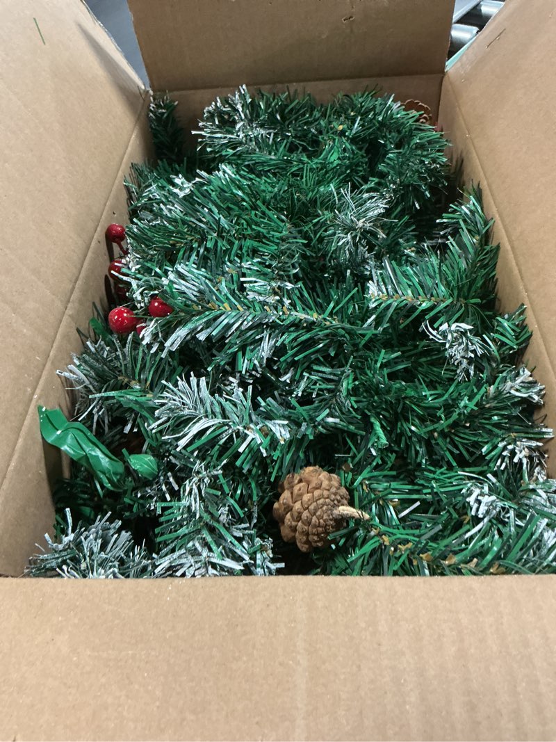 Condition photo showing Good Condition for Christmas Garland with Lights, 9FT Snow Flocked Christmas Garland for Mantle, Prelit Outdoor Garlands with Red Berries and Pine Cores for Outdoor Indoor Mantle Table Stairs Fireplace Home Decor Green&Snow Flocked