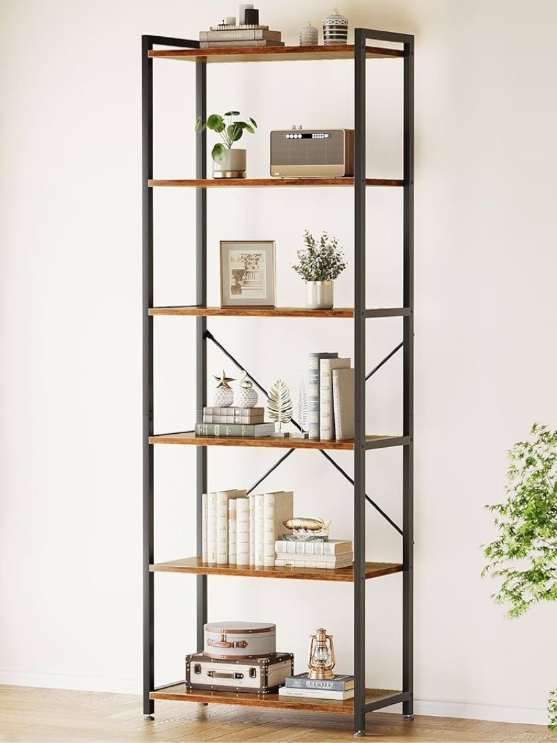 casaottima book shelf, 6 tier tall bookshelf, modern wood bookcase shelves for bedroom, industrial d