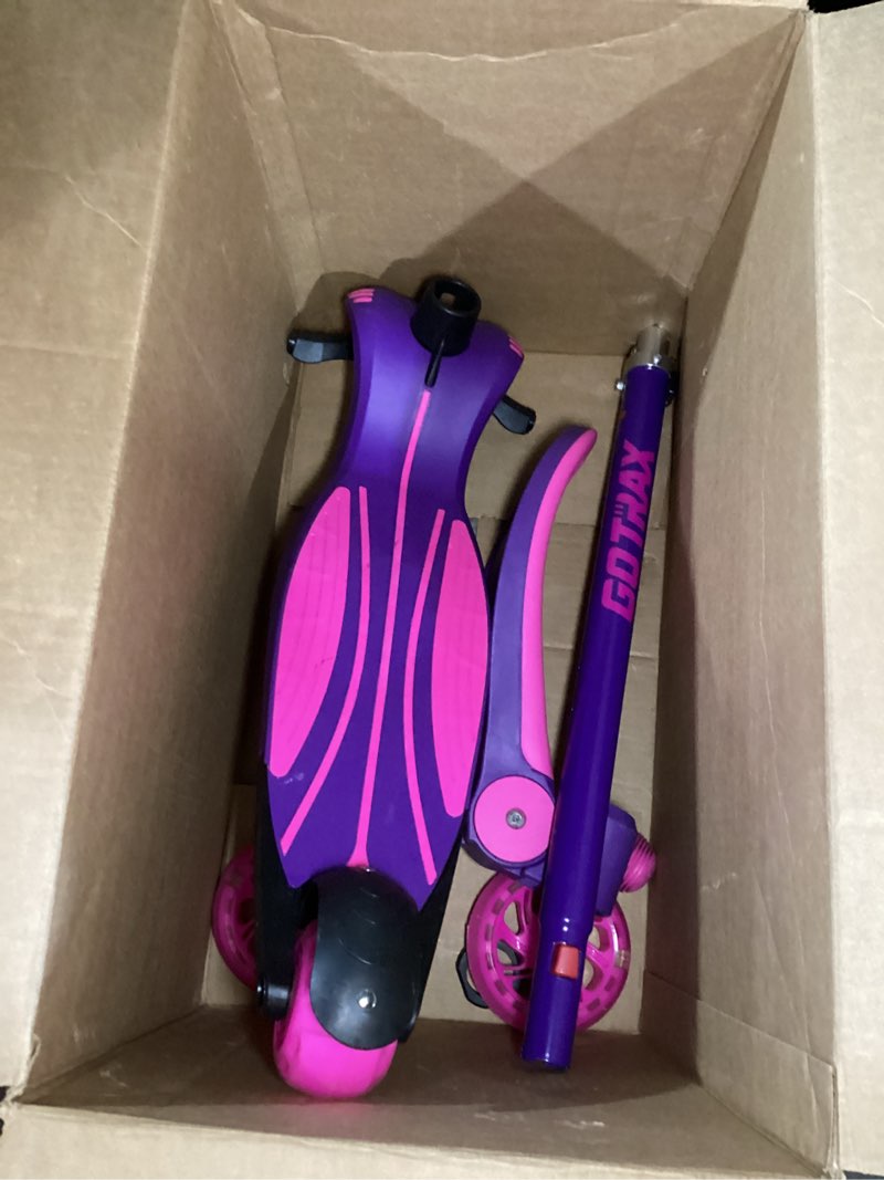 Condition photo showing Good Condition for gotrax k03 kick scooter for kids, 5" led lighted wheels and adjustable handlebars, lightweight design and anti-slip deck, max load 110 lbs, kids scooter for boys & girls ages 3+, purple new purple