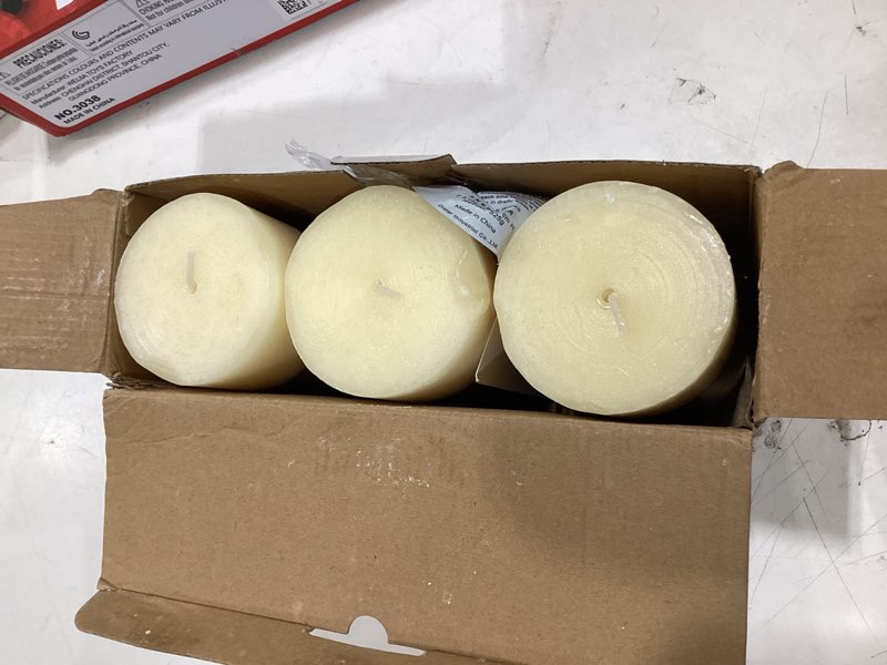 Condition photo showing Good Condition for 3x6 pillar candles vanilla cupcake scented immeiscent aromatherapy candles 60+ hours burn long lasting, mottled layered candles for home scented spa restaurant set of 3 vanilla cupcake 3"x6"