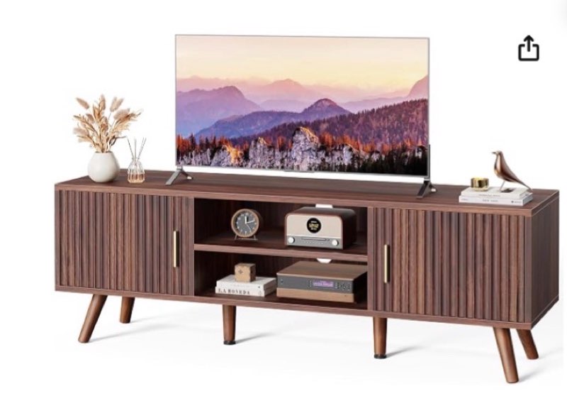  superjare tv stand for 55 inch tv, entertainment center with adjustable shelf, 2 cabinets, tv console table, media console, solid wood feet, cord holes, for living room, bedroom, walnut