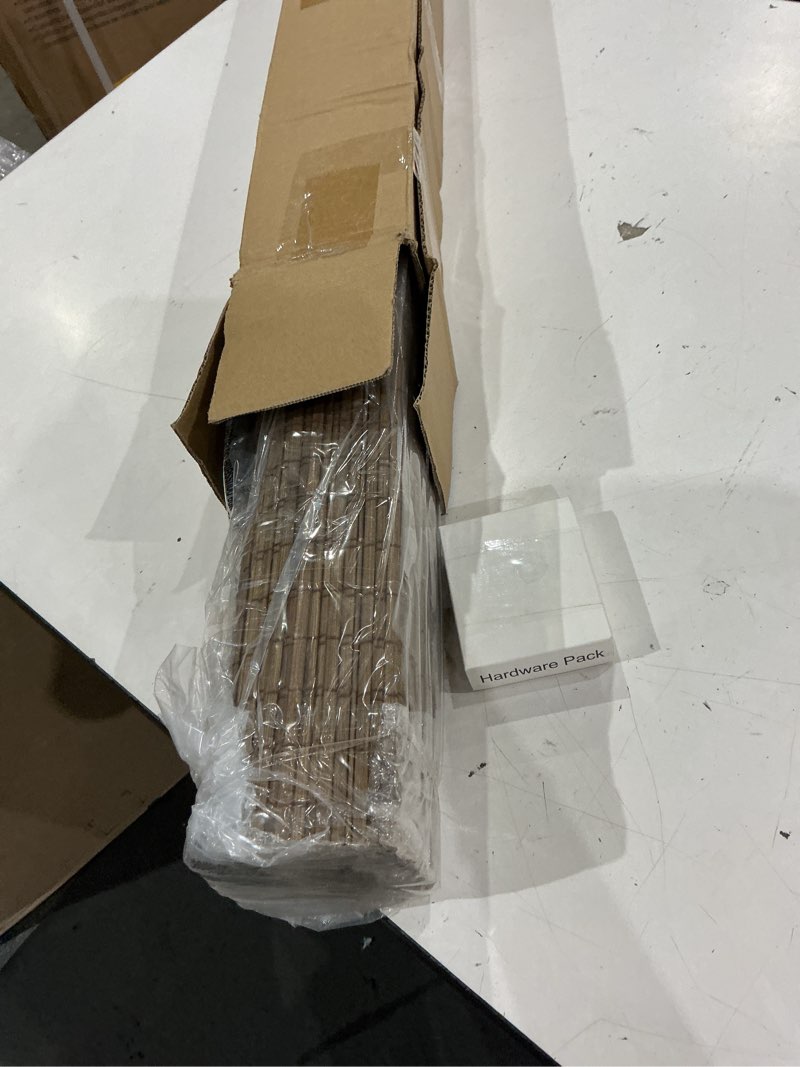 Condition photo showing As Is for lazblinds cordless bamboo roman shades, privacy blinds for interior windows, room darkening roll up bamboo blinds for home & patio, 25.5" w x 64" h, highfield teak pricacy - highfield teak 25.5" w x 64" h
