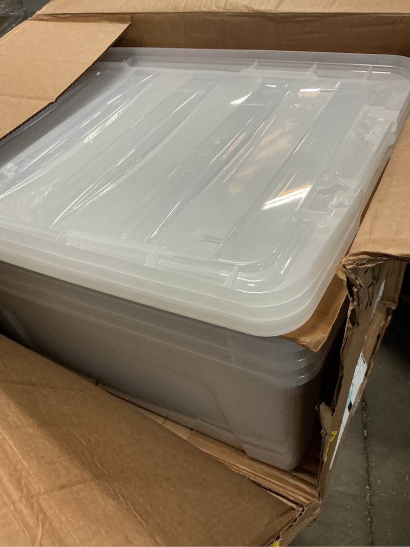 Condition photo showing As Is for iris usa 72 qt plastic storage box with lid and latches - 4 pack - bpa-free, see-through organizing solution, durable nestable stackable containers, secure pull handle - clear clear 72 qt 4 pack
